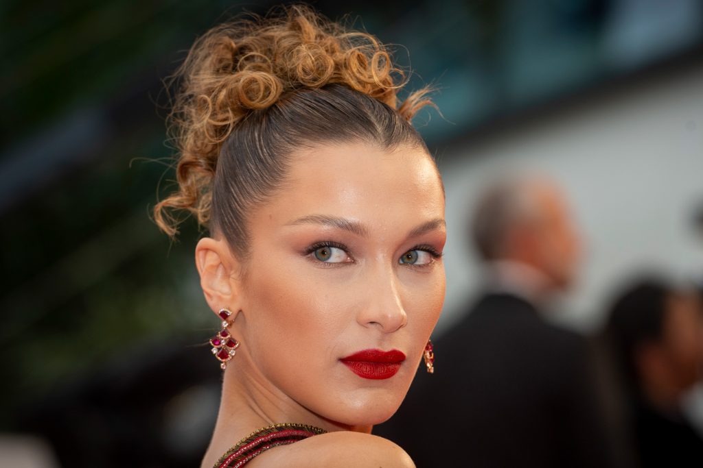 Bella Hadid at Cannes 2019 with a slightly lighter hair color than her typical dark hue